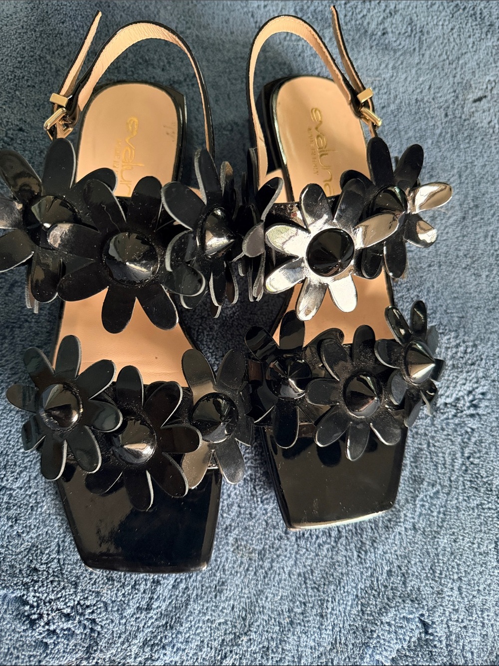 Black Floral Patent Slingback Sandals with Decorative Flowers